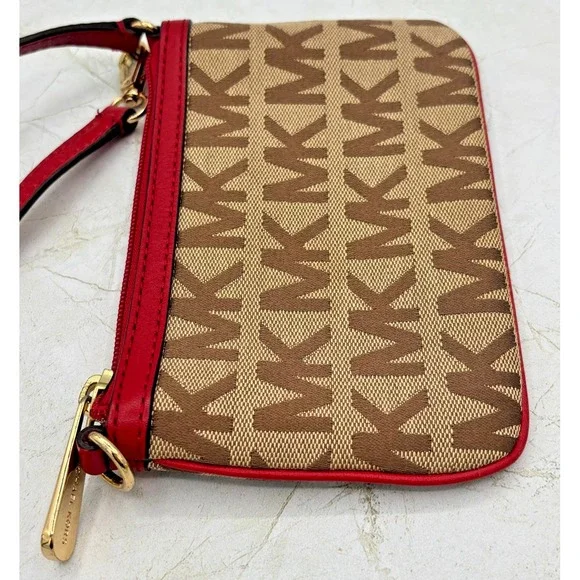 Michael Kors Jacquard Monagram Wristlet‎ Mini Bag Red Leather Signature Lining - Picture 3 of 16